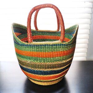Beautful Handwoven Ghana Bolga Market Basket Tote with Leather Handles